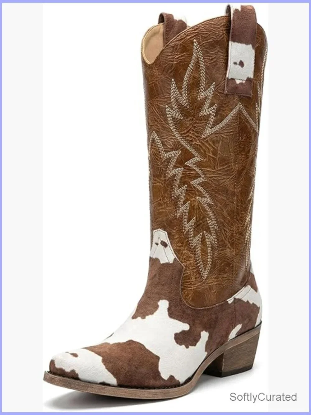 Cow Print Cowboy Boots Knee-High Western Cowgirl Pointed Toe Low Heel - Picture 1 of 6